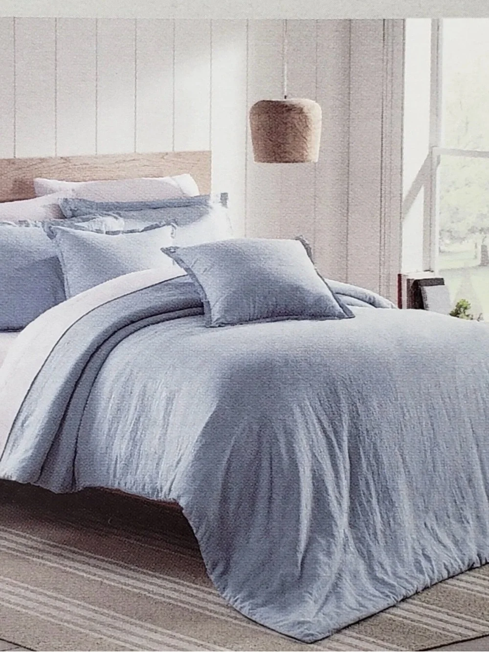 Joie Home European Flax Linen King Duvet Cover Set Coastal Blue Like New